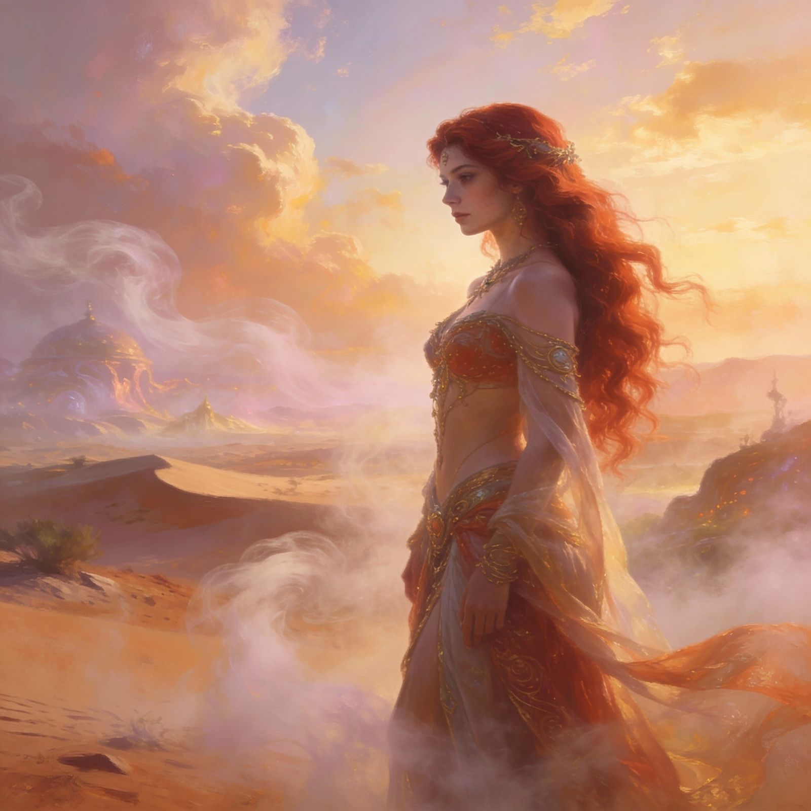 Red-Haired Desert Princess in Ethereal Fantasy Landscape