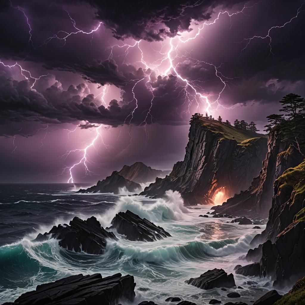 Dark Fantasy Cliffside Shard with Stormy Purple Lightning