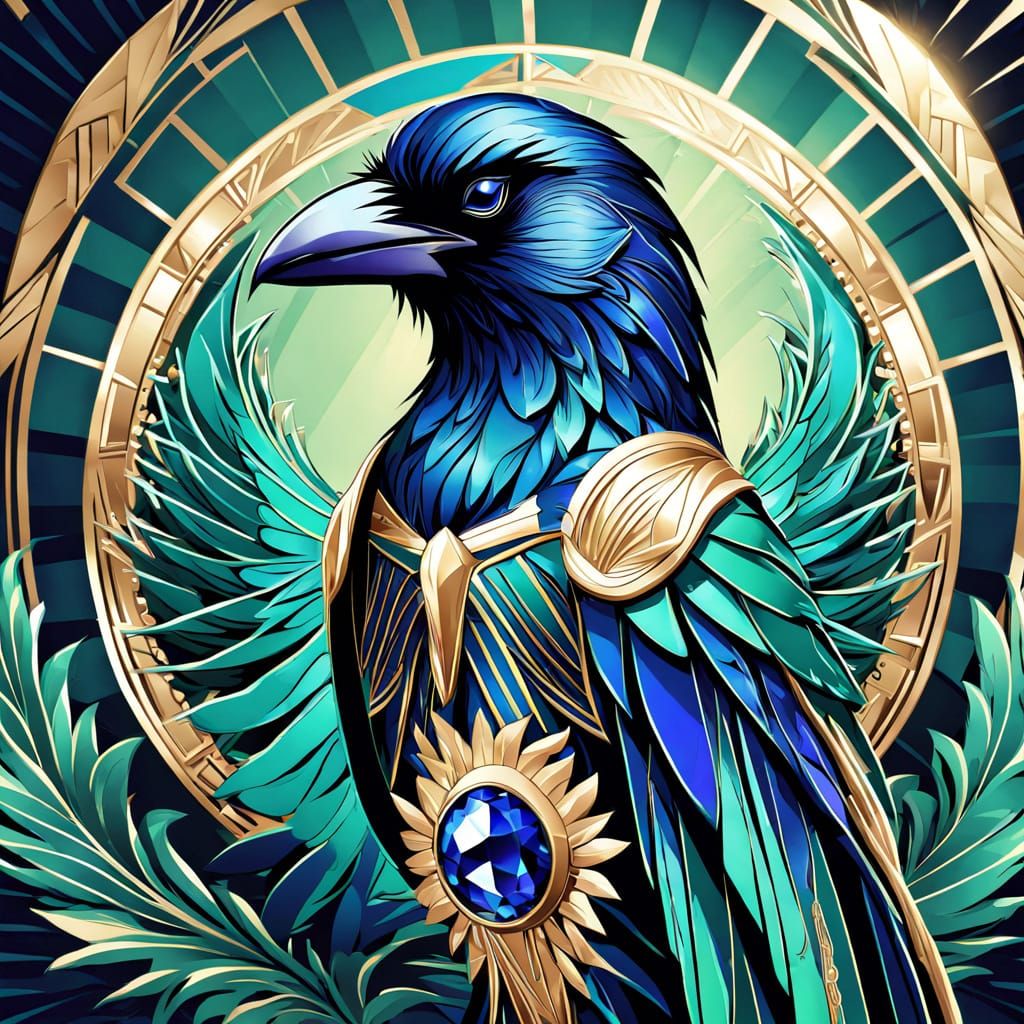 Ethereal Raven in Art Deco Style with Emerald and Sapphire H...
