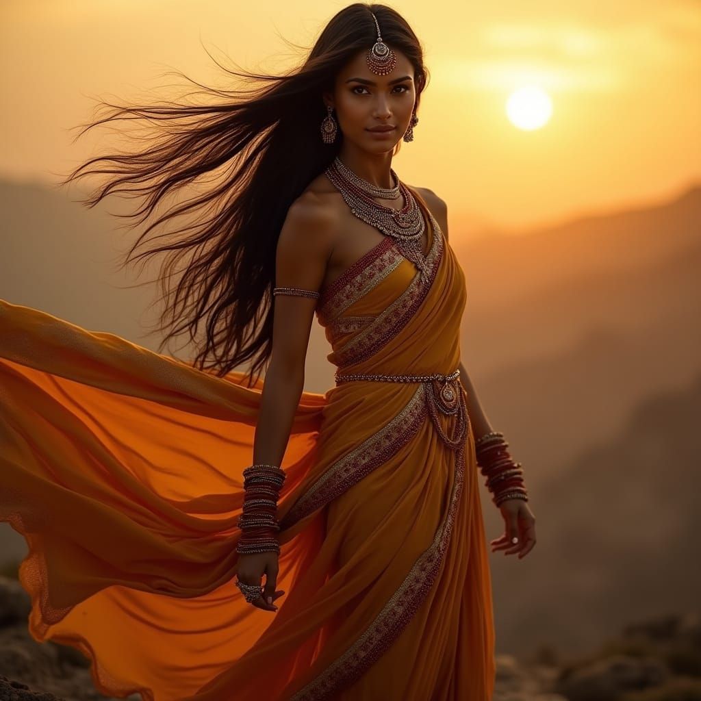 Woman in Indian Dress Atop Mountain of Gold