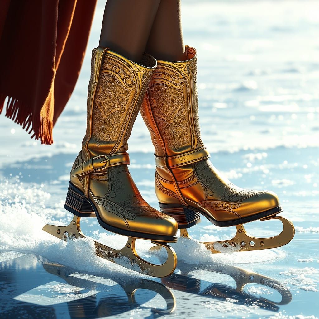Golden Cowboy Boot Ice Skates on Frozen Ice