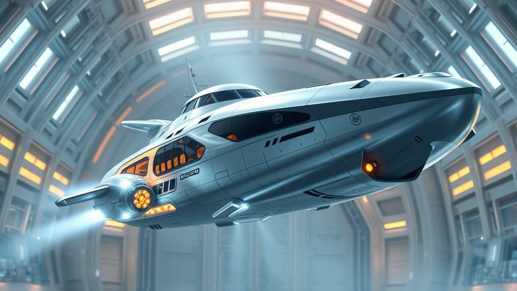 Futuristic Civilian Spaceship Frigate Lands in High-Tech Spa...