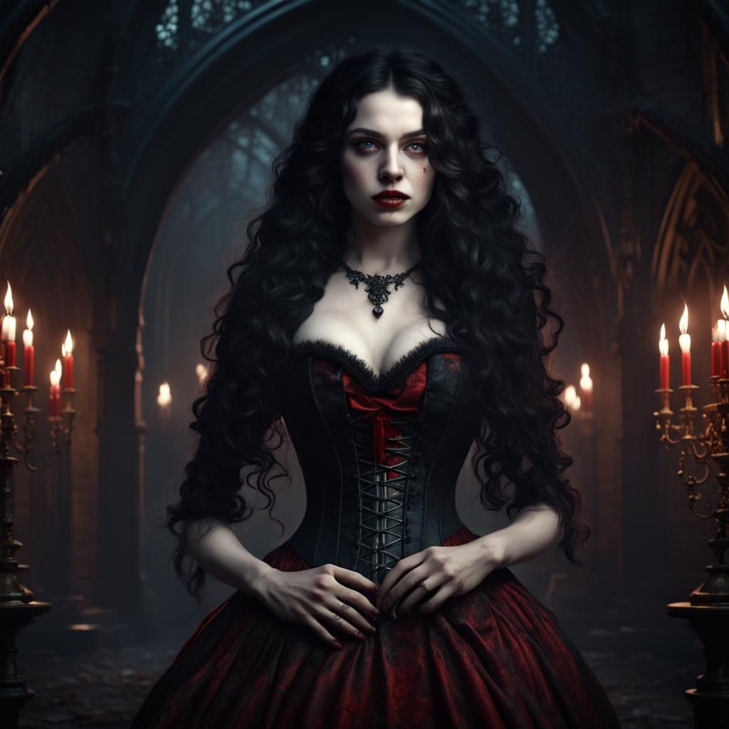 Victorian Gothic Vampire Woman with Bloody Fangs