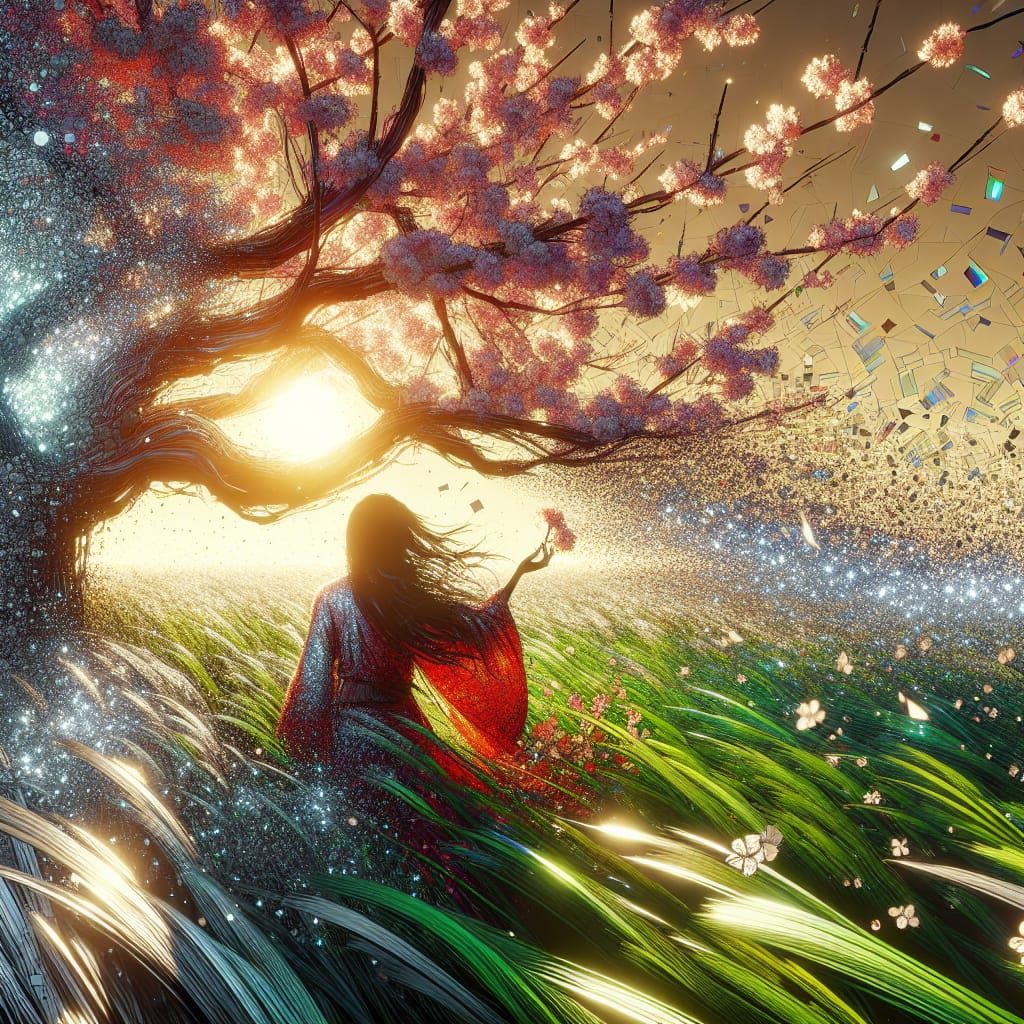 Cherry Blossom Girl: Ink Sketch, Stained Glass Mosaic