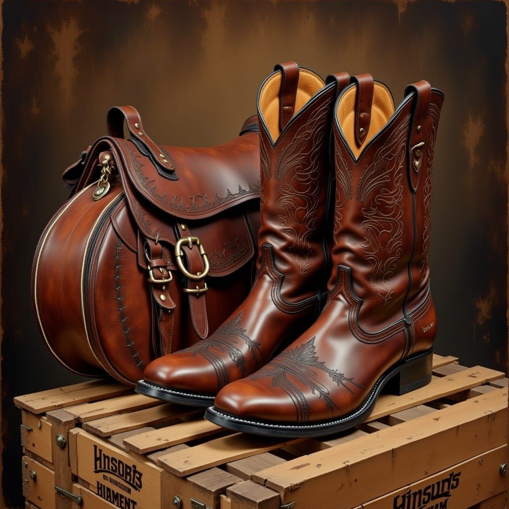 Brown Leather Cowboy Boots and Saddle Bag on Crate