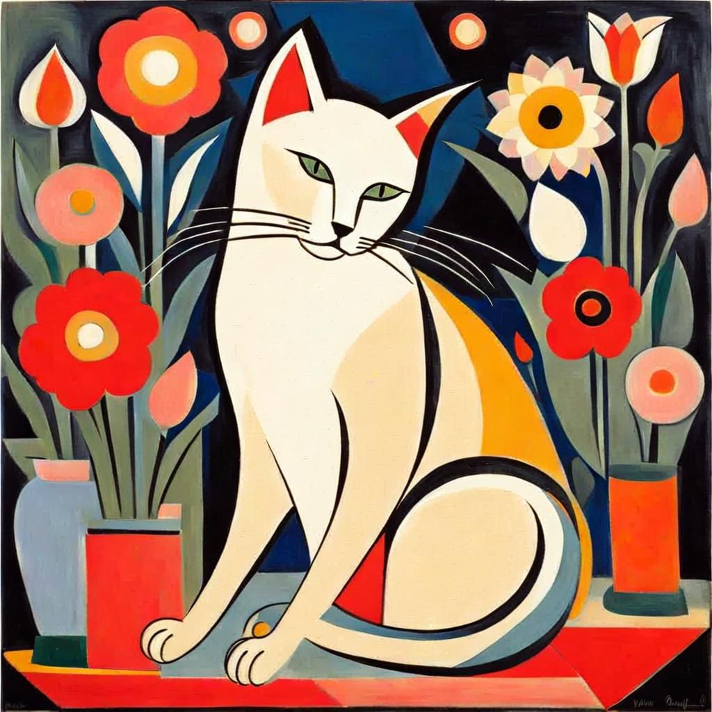 Cute Cat Surrounded by Flowers in Cubist Style