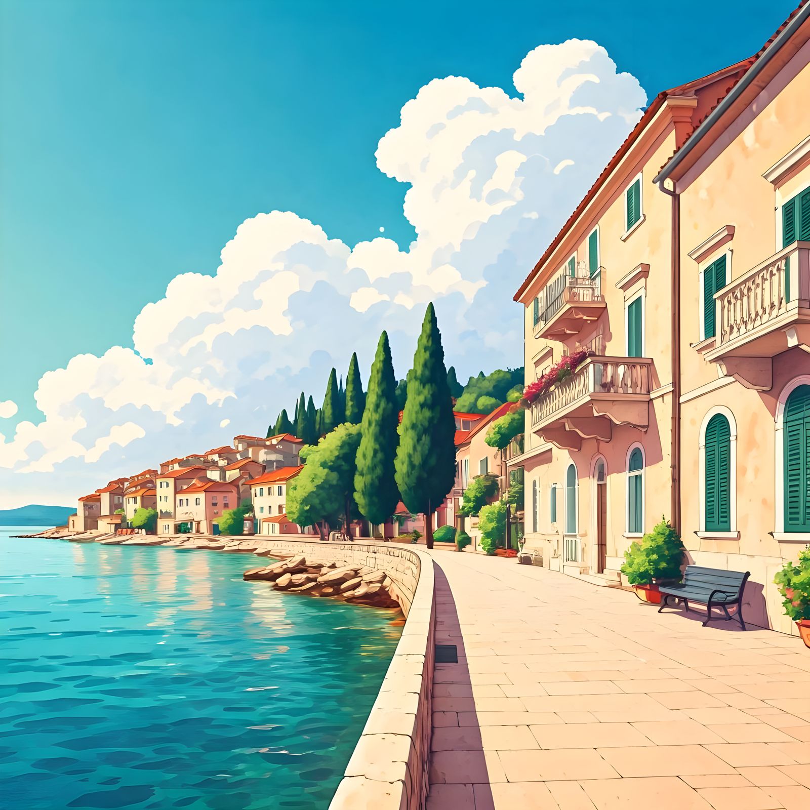 Lovran's Serene Promenade: A Watercolour Painting in Anime S...