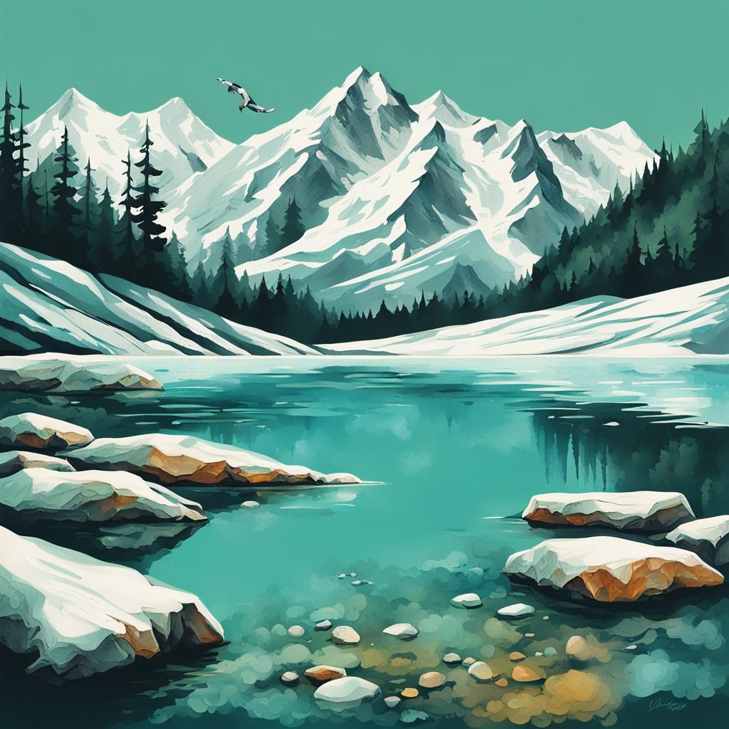 Glacial Lake with Leaping Trout in Vintage Style