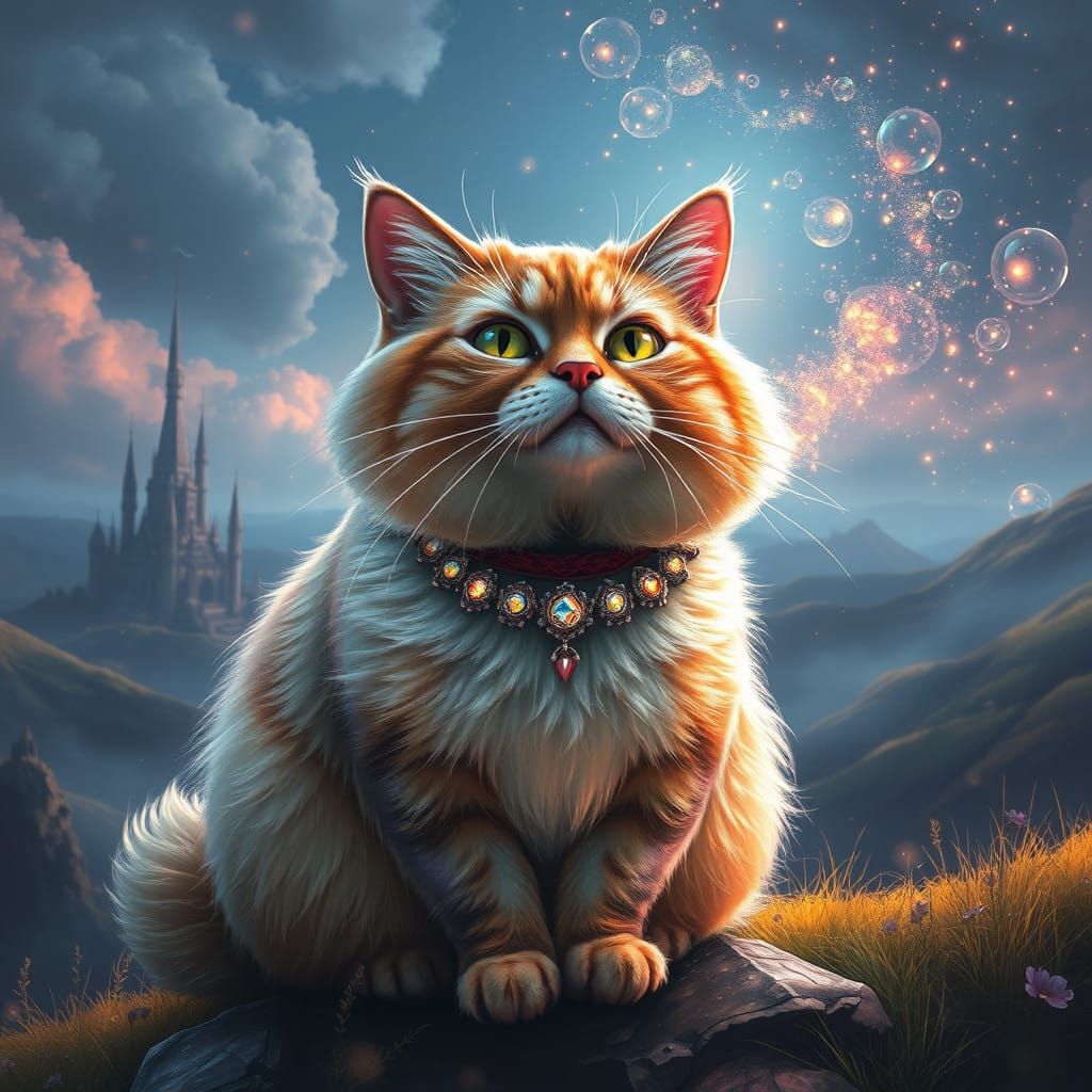 Majestic Chubby Cat in Vibrant, Iridescent Fantasy Landscape
