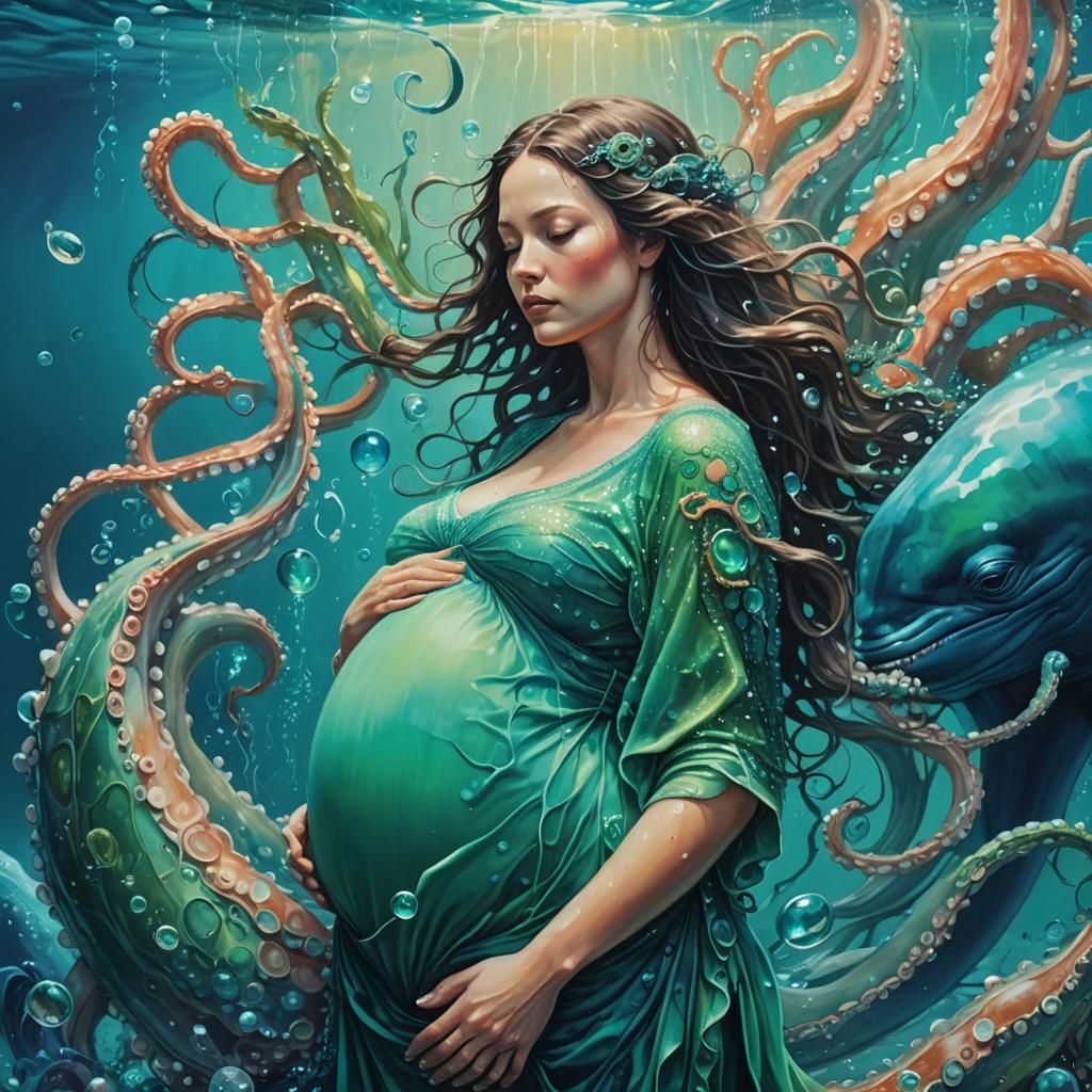 Neon Blue Fantasy: Pregnant Woman and Whale