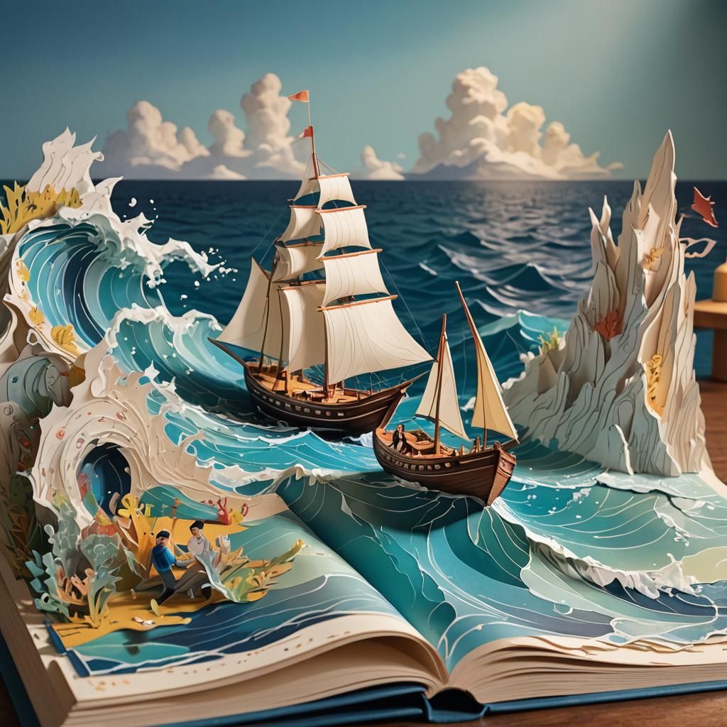 Pop-Up Book Boat Sailing: Hyperrealistic Splash Art