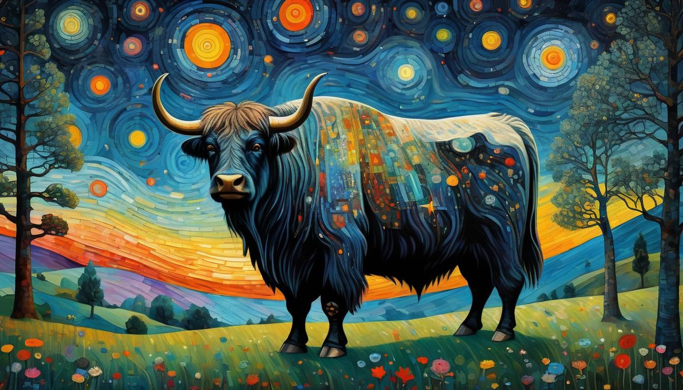 Yak Gazing at Cosmic Sky, Klimt Style