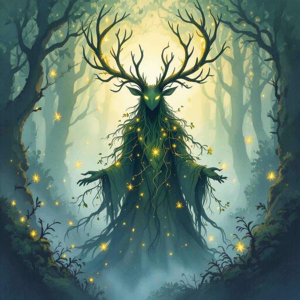 Whimsical Forest Spirit in Watercolor Style