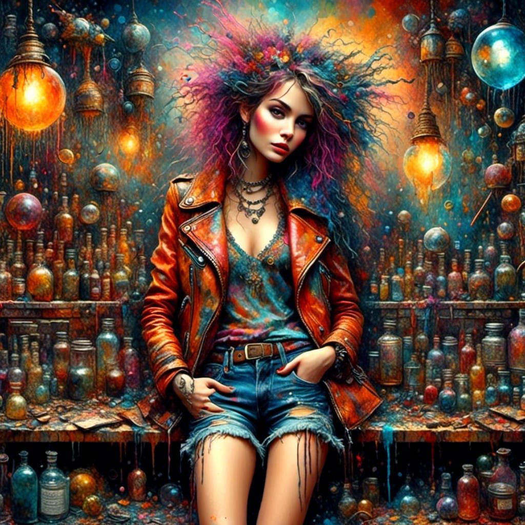 Adorable Punk Woman in Vintage Fantasycore Illustration