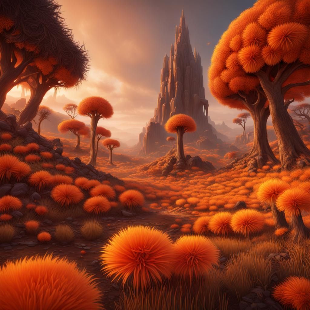 Orange Fantastical Landscape in Detailed Matte Painting
