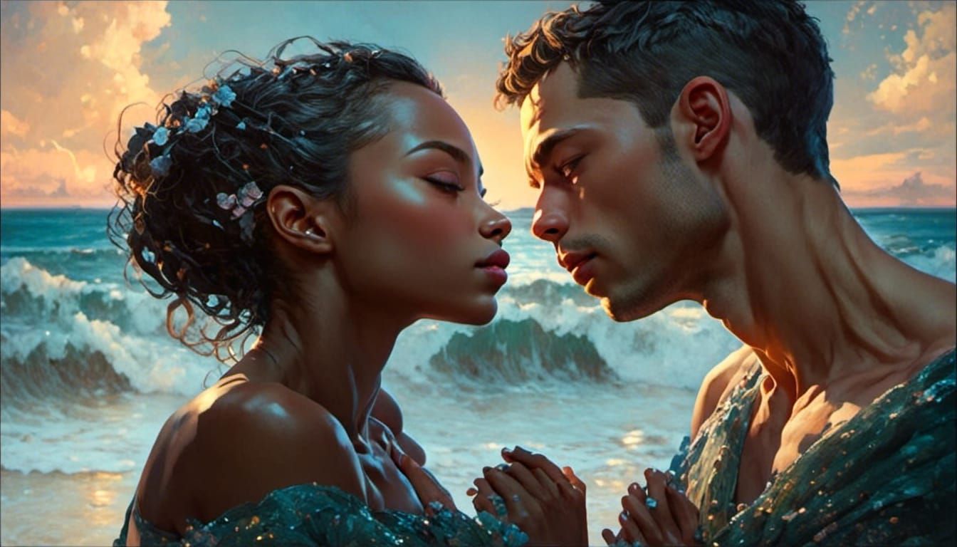 Affectionate Seaside Portrait in Art Nouveau Style