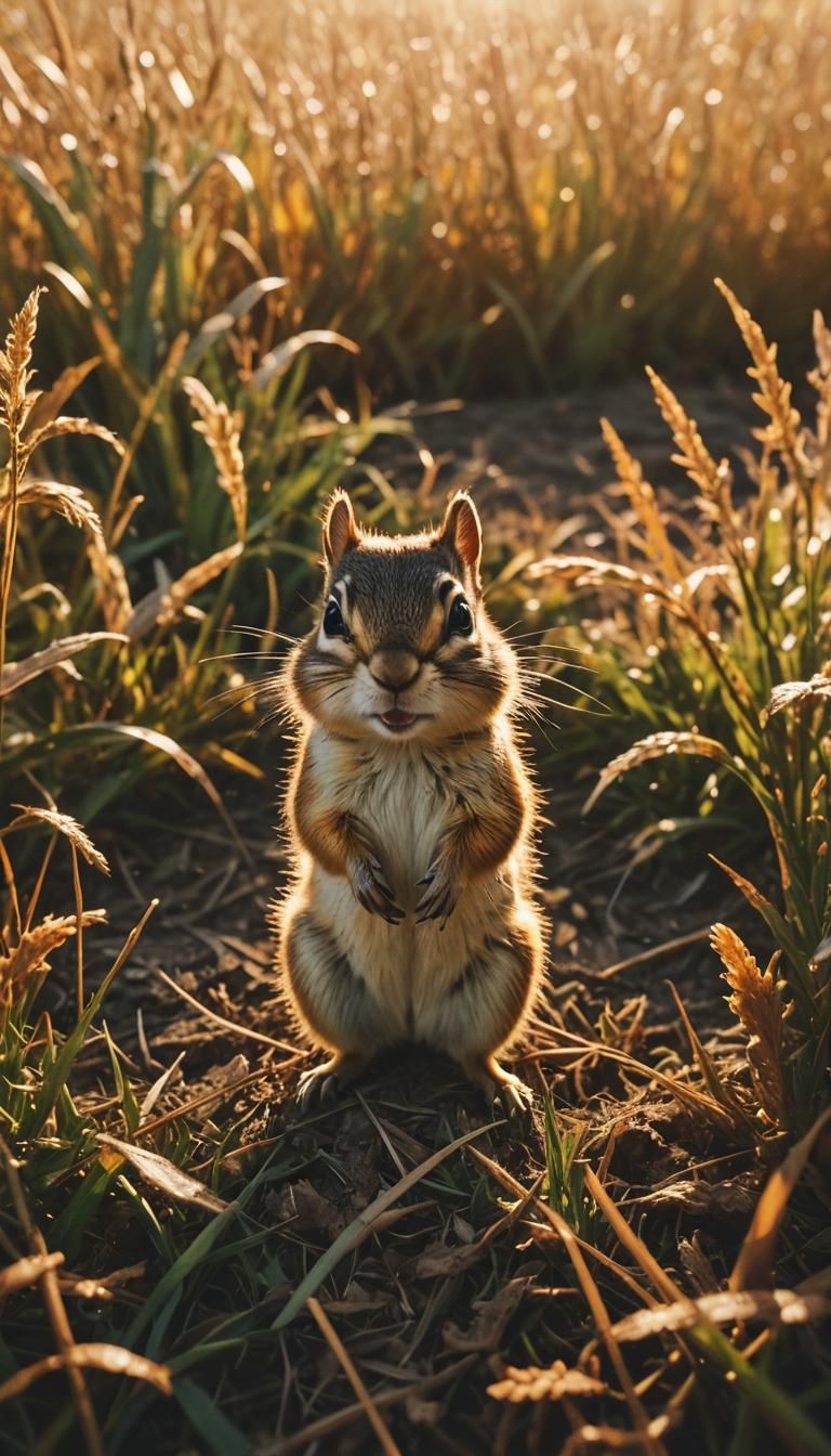 Chipmunk in Autumn Field with Sunlight, Cinematic