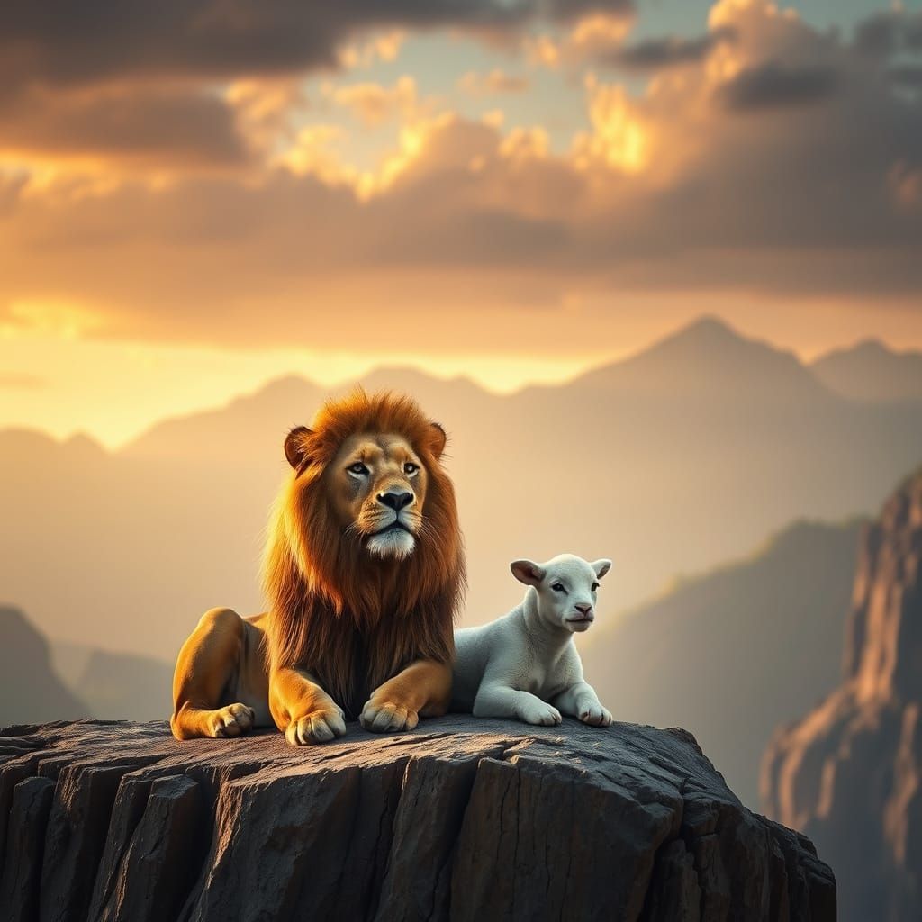 Lion and Lamb Rest on Cliff at Golden Hour