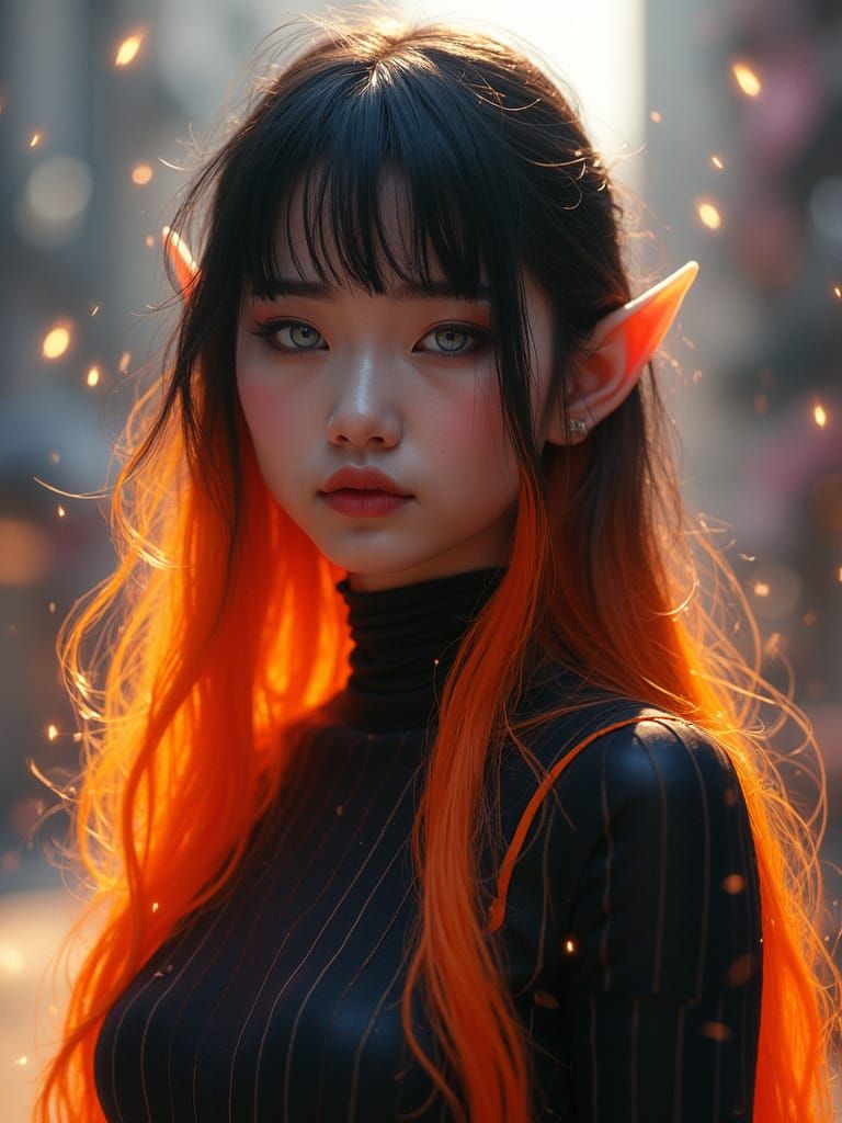 Gothic Asian Elf with Neon Hair in Cityscape