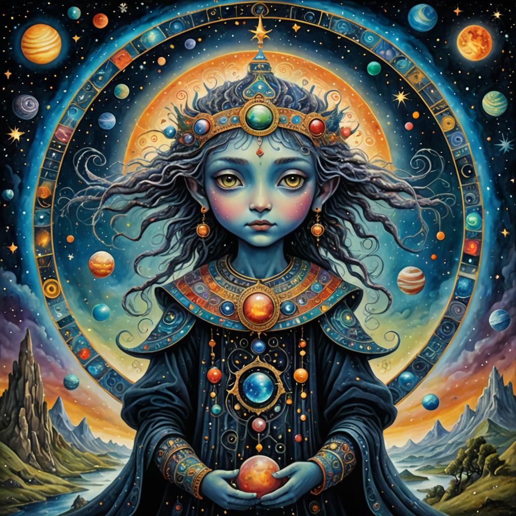 Saturnian Deity Portrait in Abstract Pointillism Style