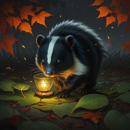 Cute Skunk Emerges from Autumn Leaves in Surreal Fantasy Art