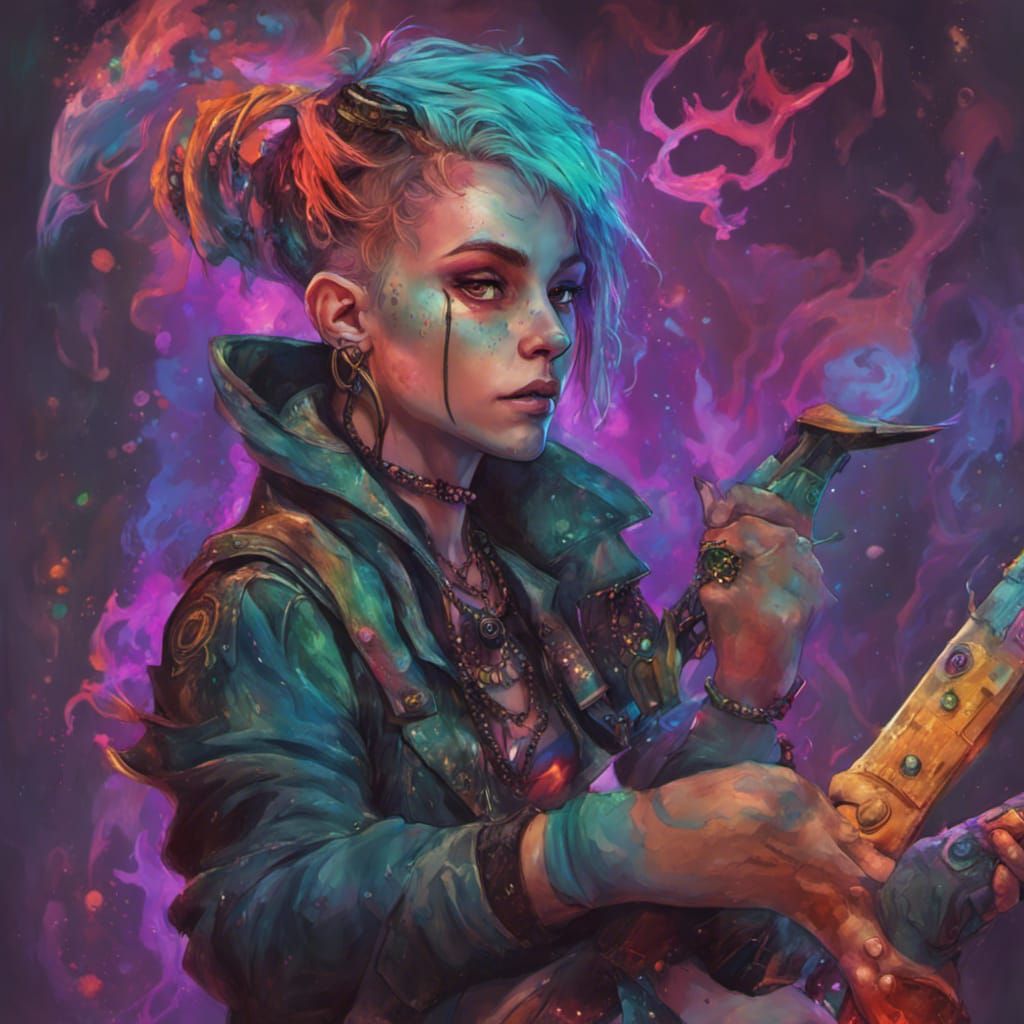 Neon Punk Pixie Bard in Bioluminescent Tavern