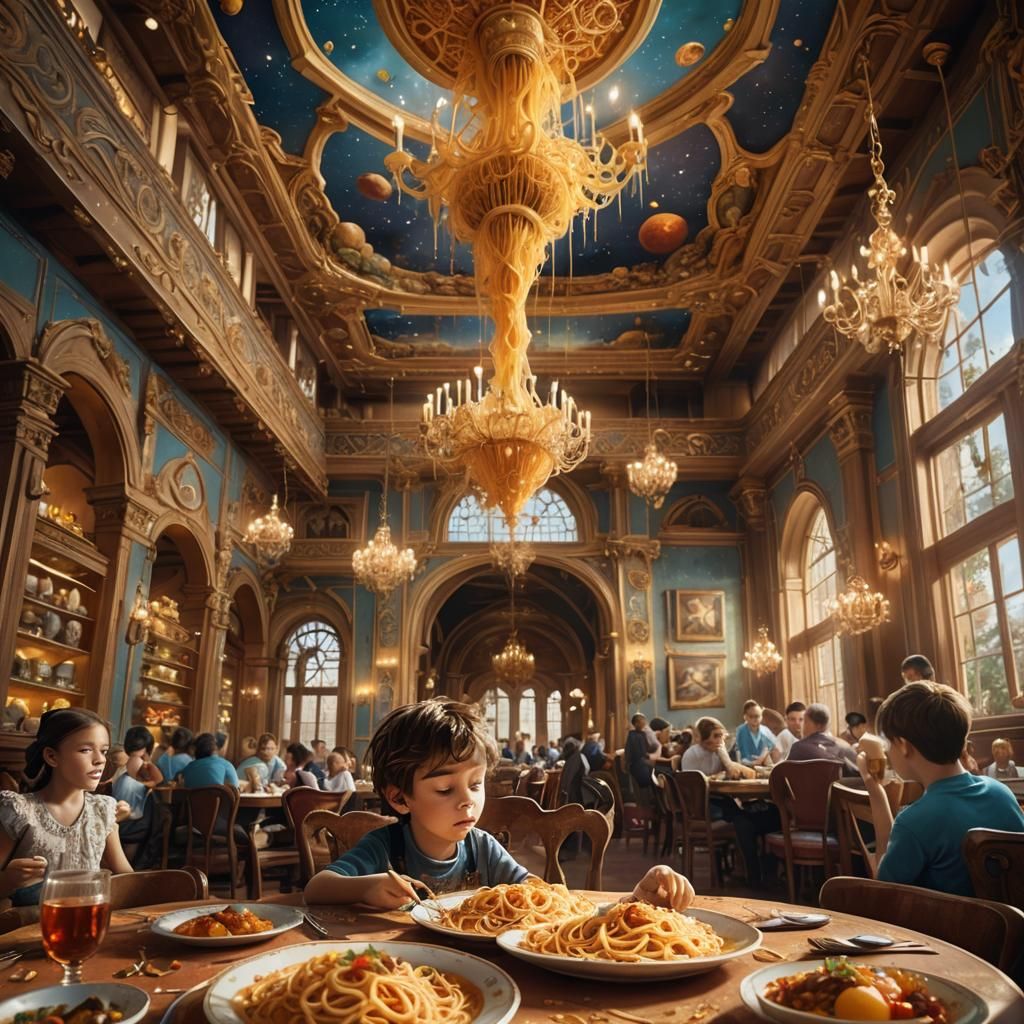 Whimsical Dining Hall: Child and Spaghetti, Fantasy Art