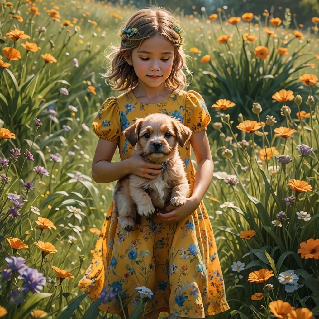 Girl and Puppy in Meadow: Fantasy Concept Art