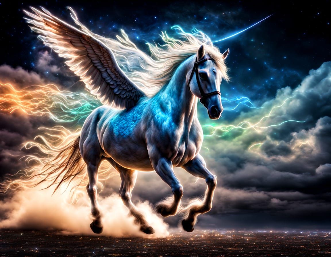 Magnificent Pegasus Soar From Clouds With Luminous Trails
