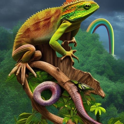 Chameleon and Lizard Friends Under a Rainbow