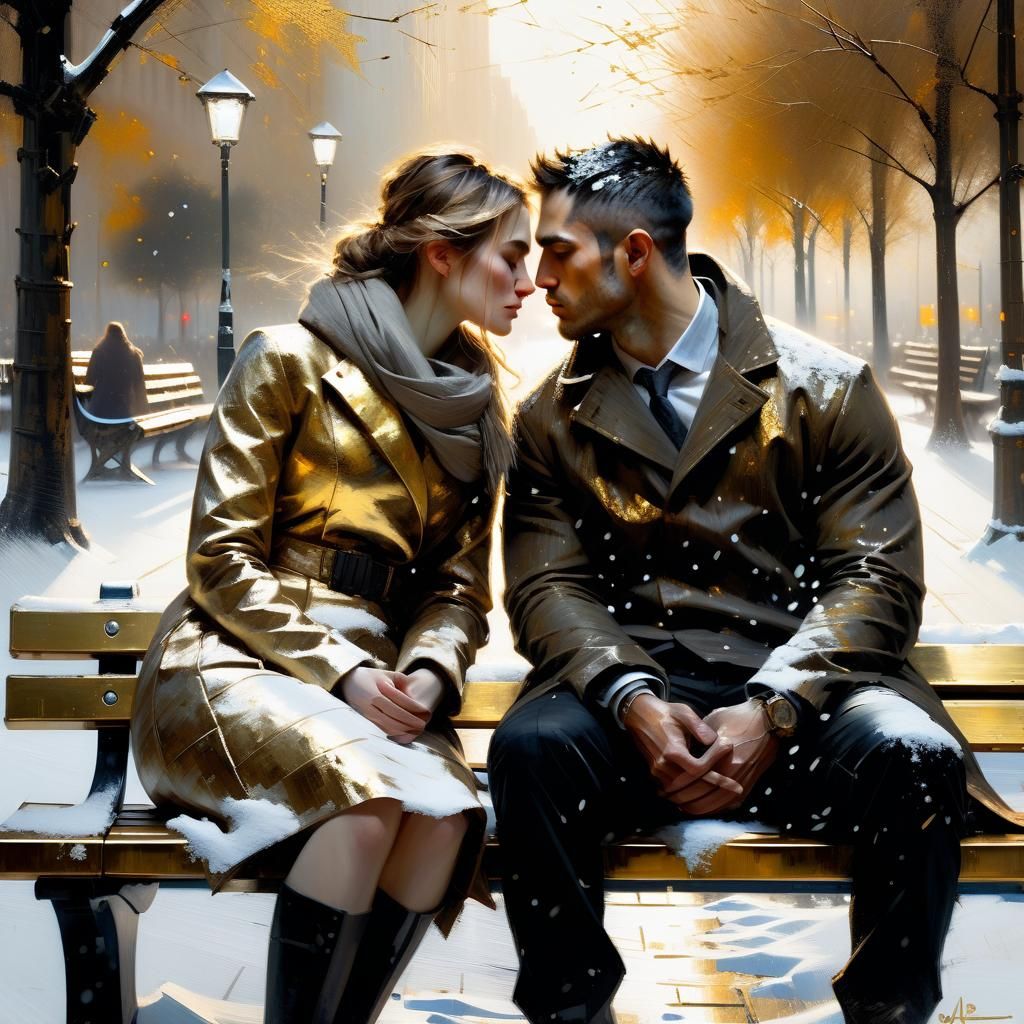 Romantic Couple Nose to Nose in Snowy Sunlight