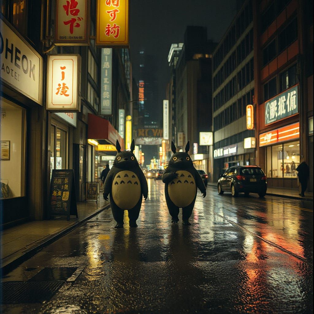 Cybernetic Totoro Roaming Rainy City Street
