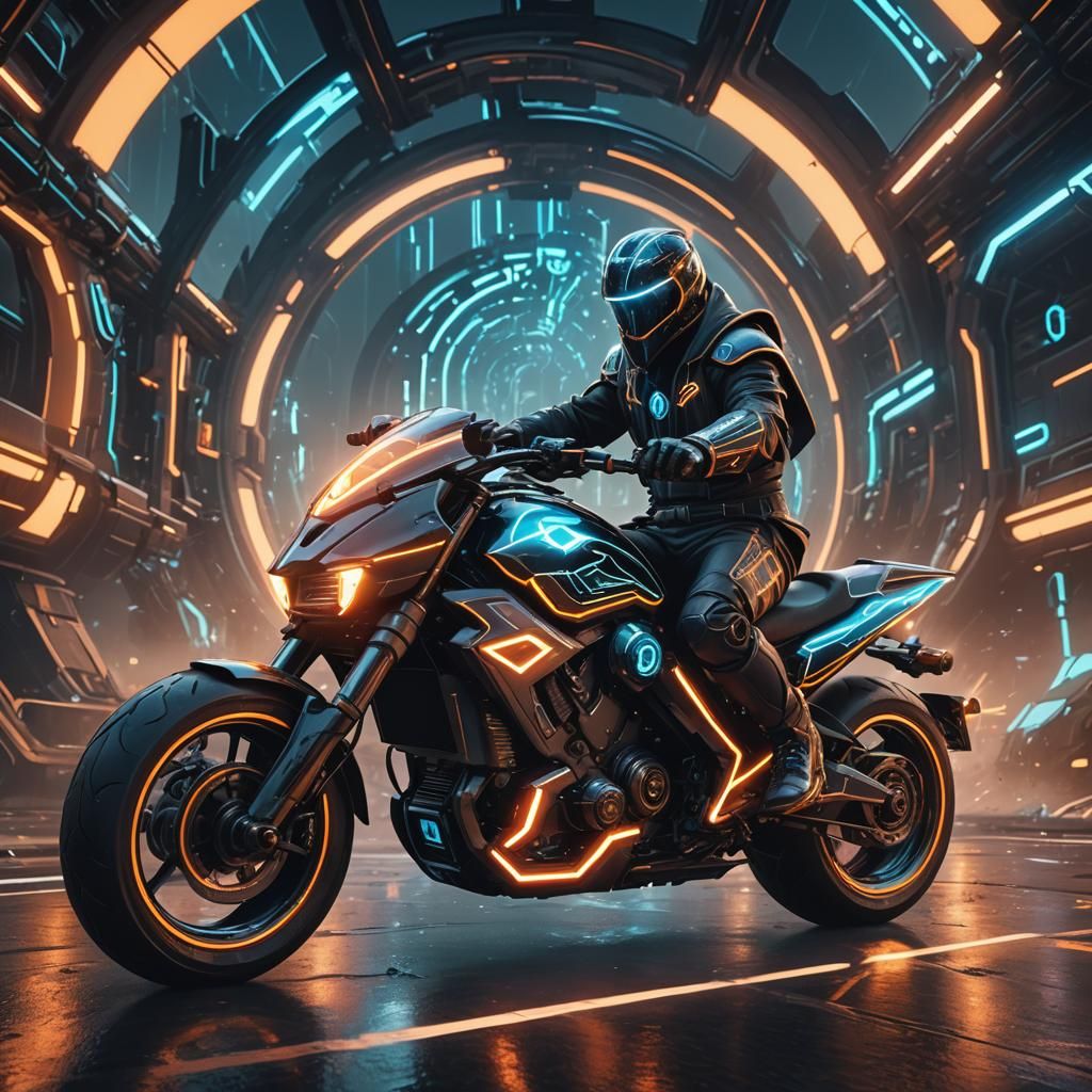 Wizard on Futuristic Motorcycle in Detailed Digital Art
