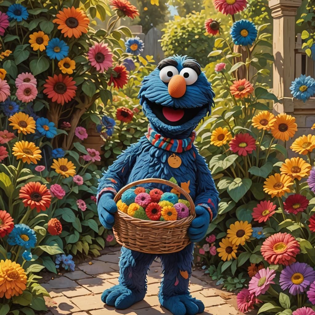 Grover in Sunny Garden, Muppet-Style Illustration