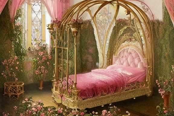 Rose Victorian Bedroom with Hedgemaze, Rococo Style