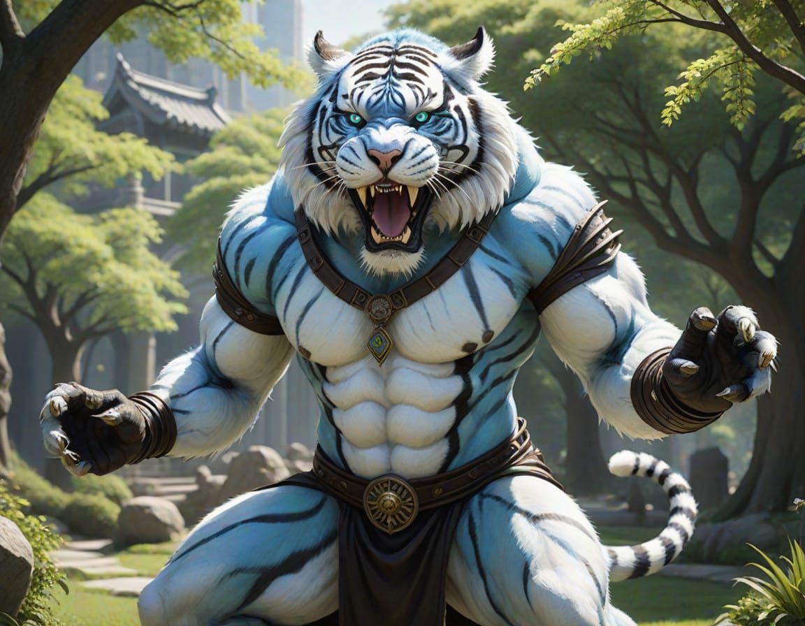 Majestic Anthropomorphic Tiger-Human Hybrid in Vibrant Urban...