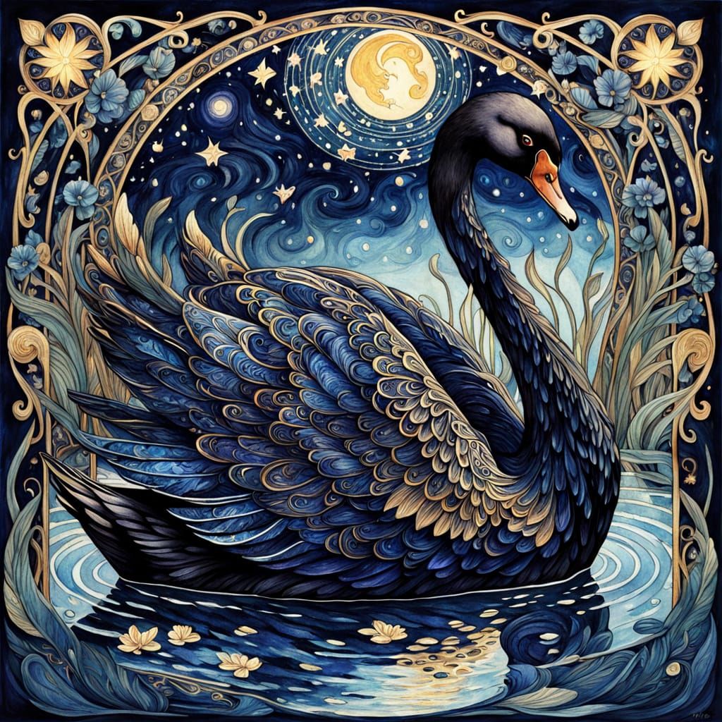 Art Nouveau Black Swan on Starry Night Lake