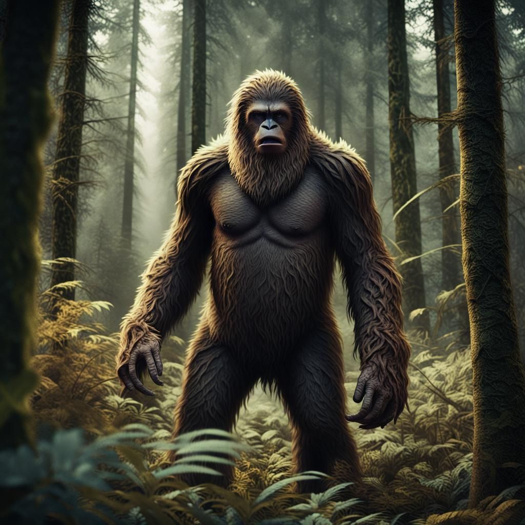 Sasquatch Emerges in Shaded Forest Glade