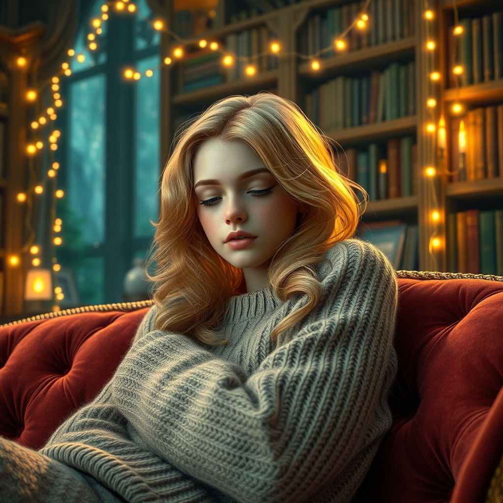 Woman in Angora Sweater on Velvet Couch
