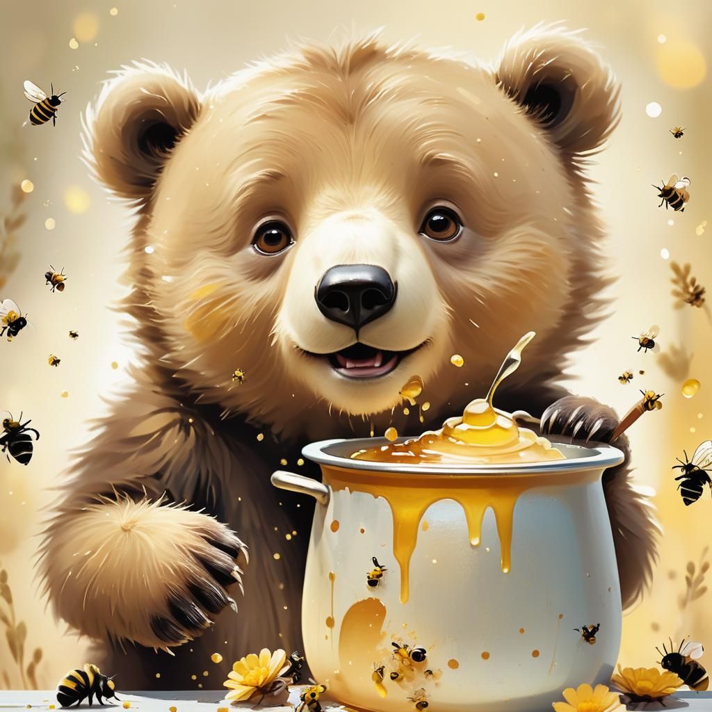 Delightful Animated Bear Cub with Honey Pot