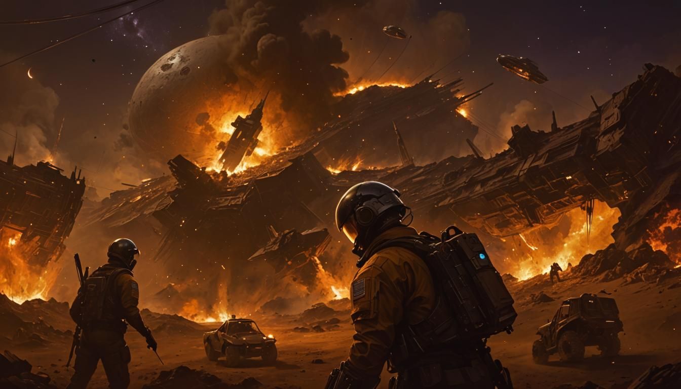 Cyberpunk Space Mine Explosion on Saturn Moon