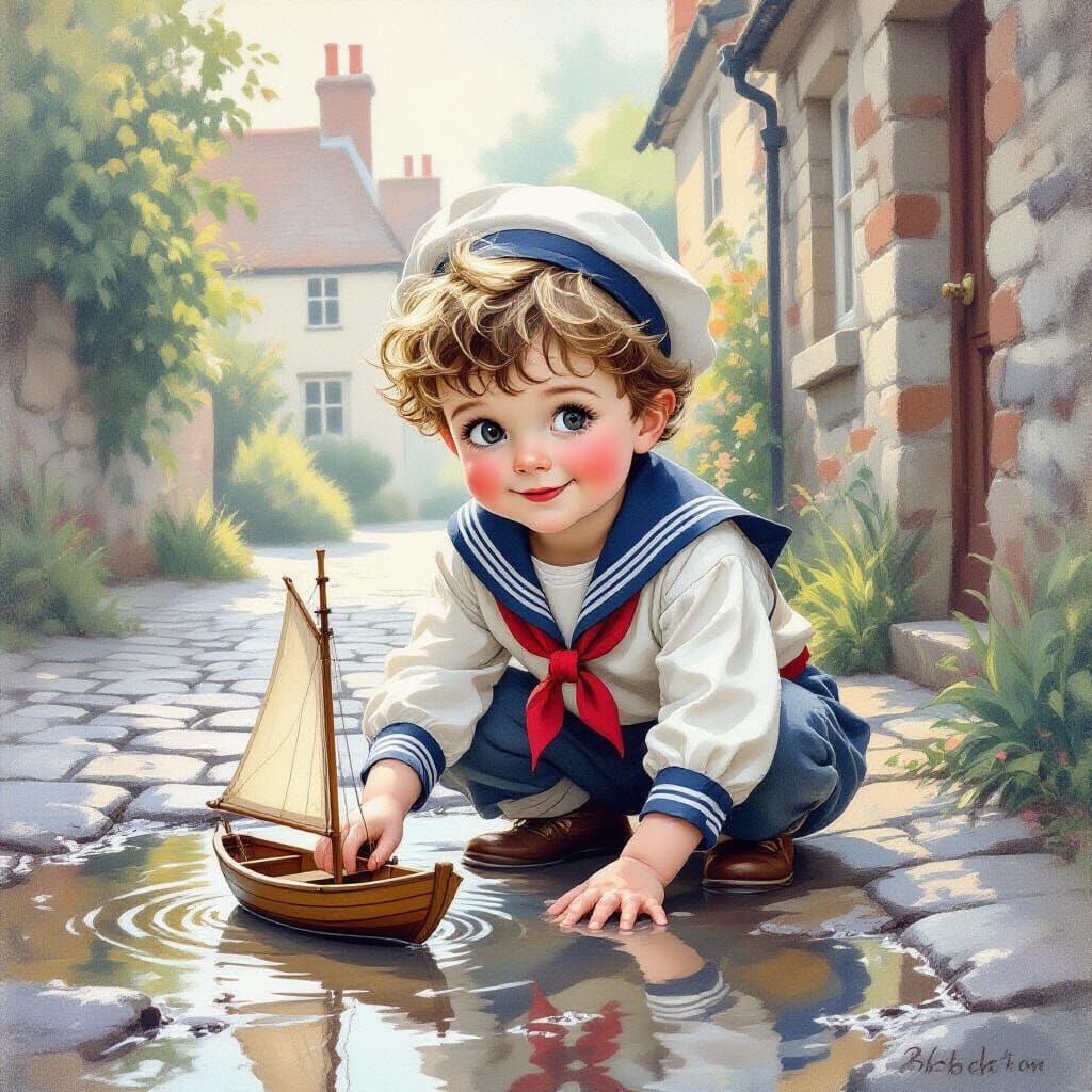 Victorian Boy in Sailor Outfit Plays With Toy Boat