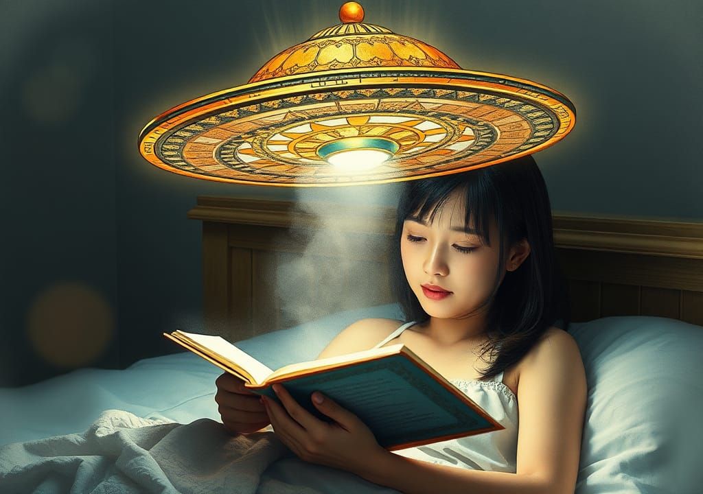 Girl Reads Under Floating Stained Glass UFO