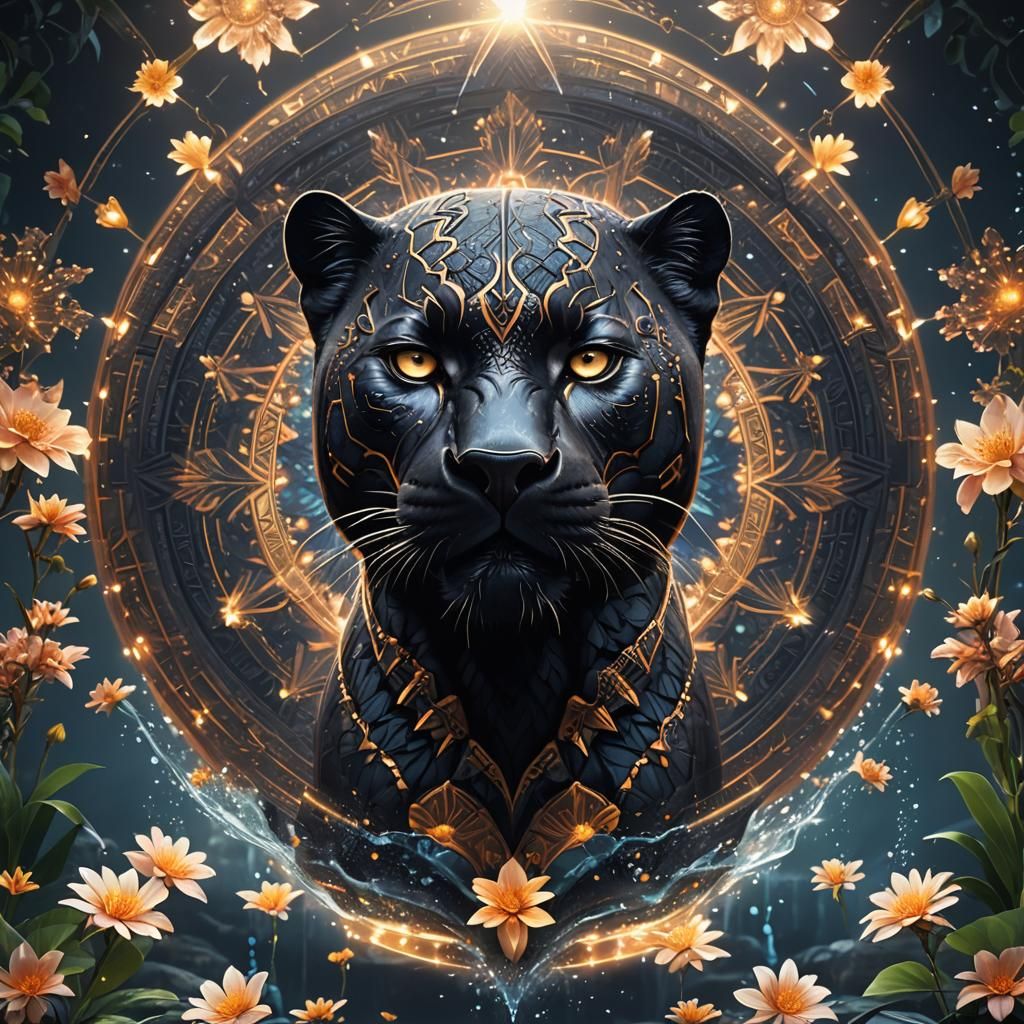 Black Panther with Luminous Star Flower Mandala