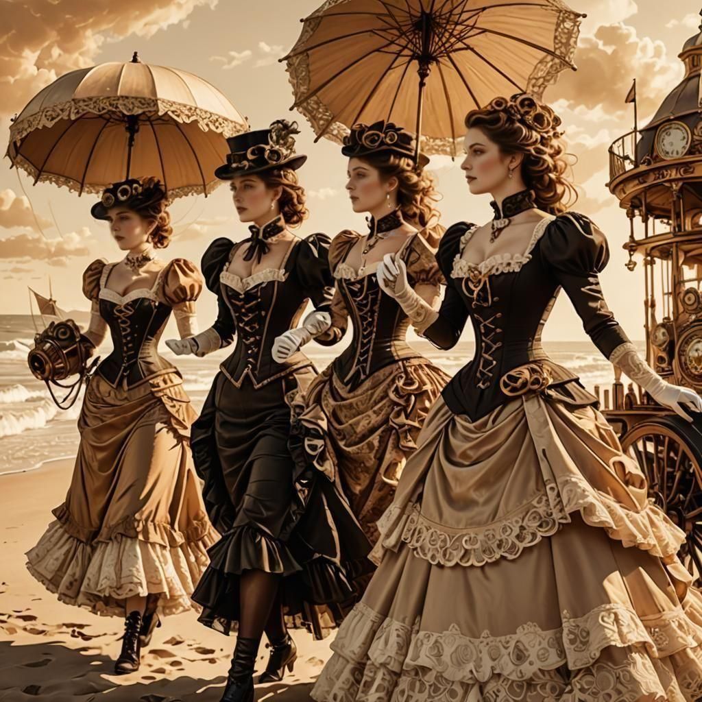 Victorian Women in Corsets on the Beach
