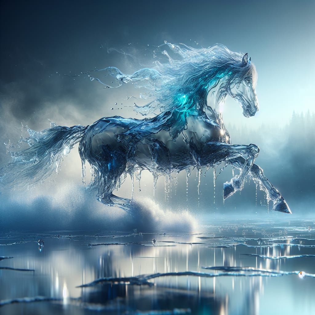 Majestic Water Horse Gallops Through Ethereal Misty Landscap...