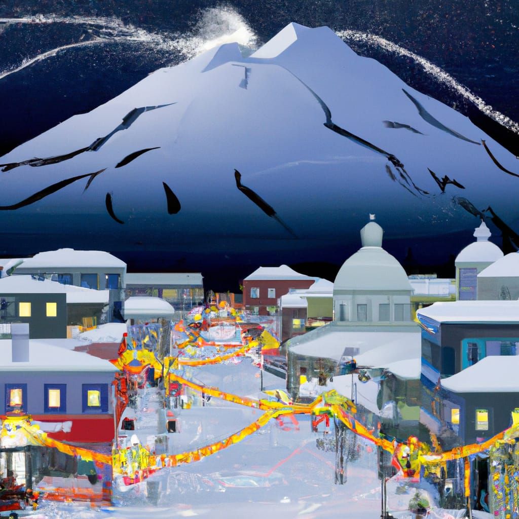 Snowy Town with Volcano and Northern Lights