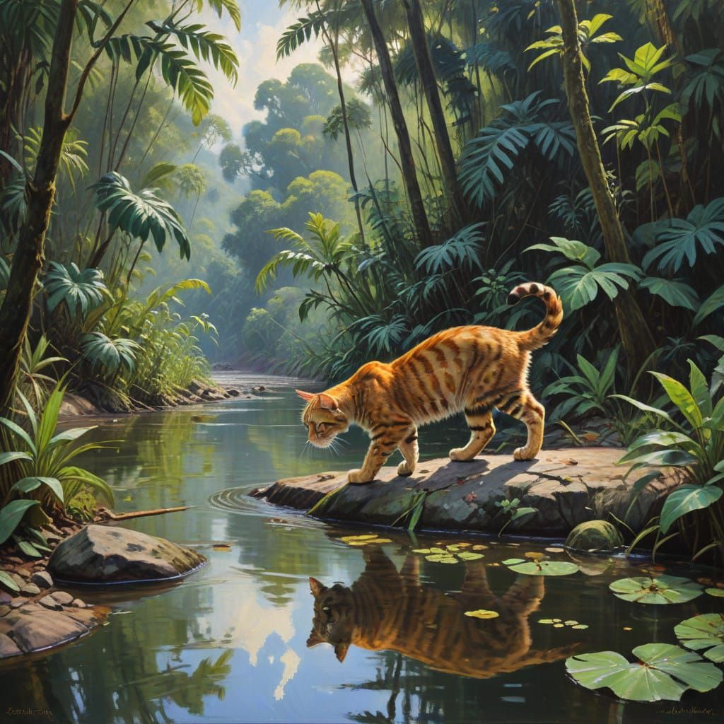 Feline Serenity on Jungle Waterways in Vibrant Oil