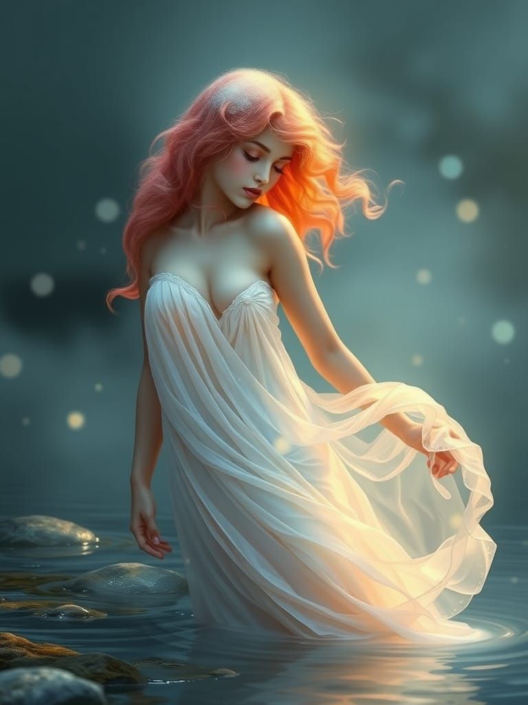 Opalescent Water Nymph in Dreamlike Art Nouveau Style