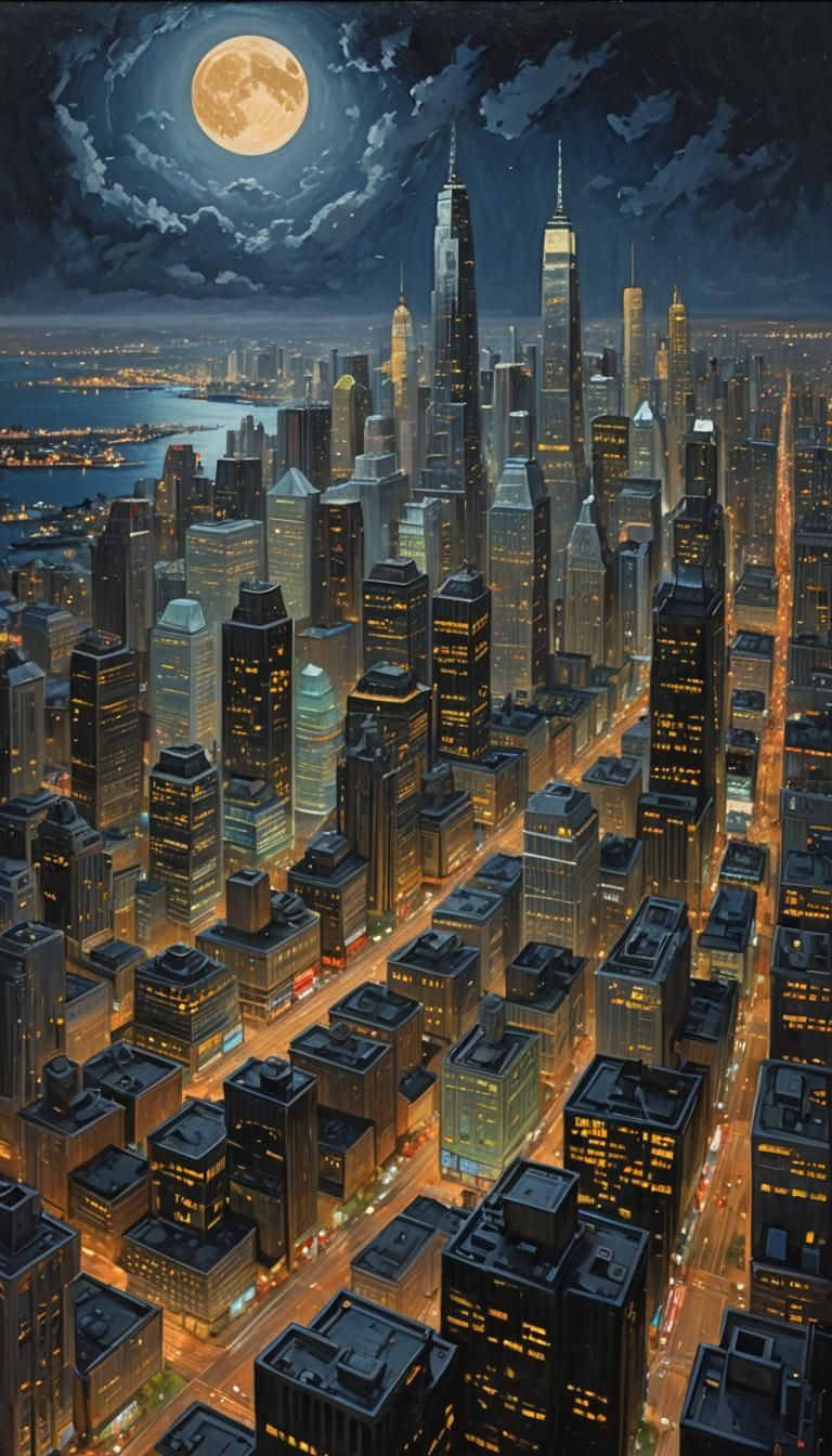 Metropolis at Night: Oil Painting of City Skylines